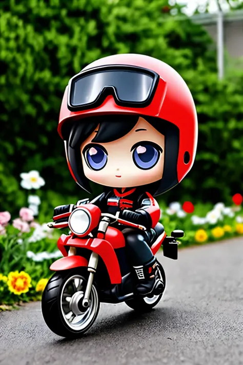 （）please express the contents inside with a chibi girl doll.（photoreal、motorcycle racer、goggles、youth、after school、garden）