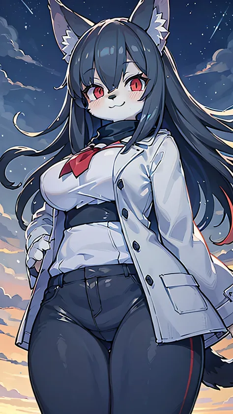 (masterpiece, highest quality), intricate details, 8K, wolf girl, whole body, (1 person), red eyes, big breasts, slender body shape, night, gray fur, long hair, anime, tall, black hair, navy blue coat, black pants, snowfield, 10th generation, the wind is b...