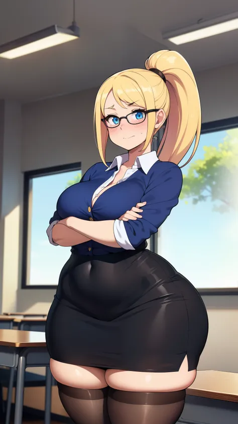 ((highres)), Masterpiece, high quality, best quality, beautiful, perfect lighting, detailed face, ultra cute face, ((1girl)), ((solo), long blonde hair, ponytail, blue eyes, glasses, ((blush)), embarrassed, looking at viewer, arms crossed, standing in a cl...