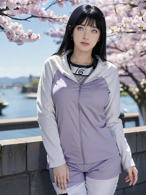 1girl, hyuga hinata in anime naruto, long straight hair, black hair, pony hair, (((white eyes:1.4))), white pupils, smile, beautiful, (purple white hoodie), short purple pant, (short pant), (very big breast), ((neckband)), konohagakure symbol on neckband, ...