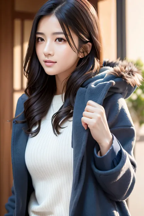 1 girl, beautiful, cute, professional lighting, highest quality,well-groomed face,(coat:1.5), beautiful,long hair