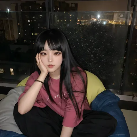 araffe sentado en una silla tipo puf frente a una ventana, she has black hair con flequillo, con cabello largo, ulzzang, 🤤 girl portrait, con flequillo, long black hair con flequillo, muchacha coreana, long hair con flequillo completo, con flequillo comple...