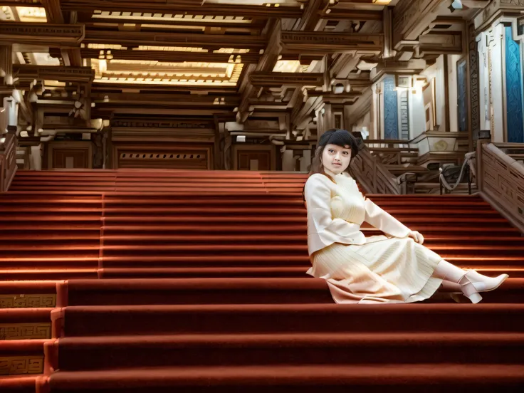 Araf woman sitting on red carpeted stairs, Sitting on the grand staircase, Sitting on the palace stairs, Inspired by Chizuko Yoshida, in the throne room, Style like Ghost in the Shell, Strike a futuristic pose in Neo-Tokyo, Inspired by jiff machino, sittin...