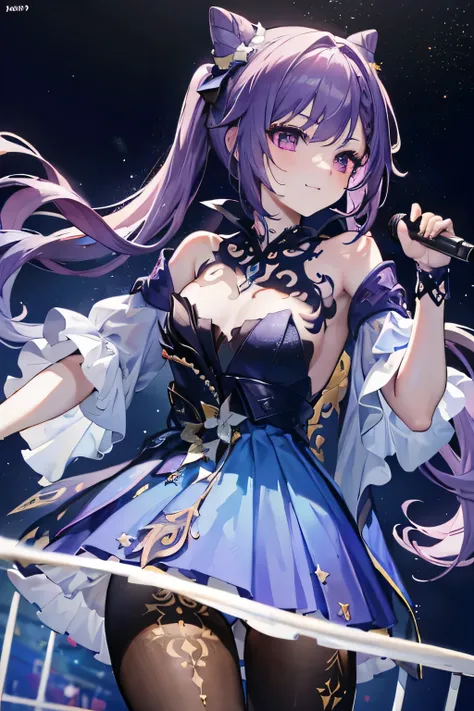 masterpiece, best quality, hyper-detailed, 8k resolution, RAW photo, gorgeous face, perfect body, 18yo, Neck turtle, happy, purple hair, smile, night, kissed face, stars on the sky, wearing opulent splendor, singing with microphone, karaoke room background...