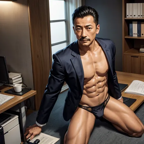 50 years old，Hidetoshi Nakata，（Kogoro Mouri 1.3），Shirtless muscular man，mustache，Eye，Suit，Kneel in the office，black stockings，Blue sexy lingerie