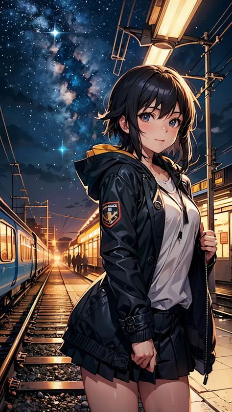 high high quality， tmasterpiece ，1 girl,ssmile,(Wearing mini skirt:1.2),cabelos preto e longo hooded long coat with trim，scenecy，Train passes through body of water on railroad tracks， Sparkling starry sky。Romantic train，pixiv，concept-art，Lopfe art style， l...