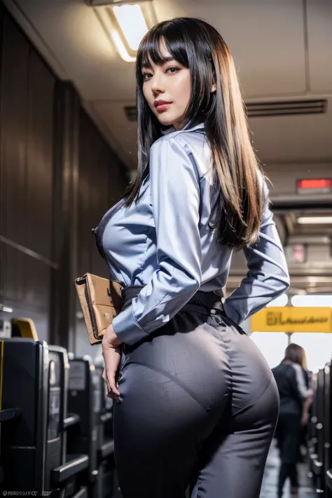 1womanl, 40 years、hyperdetailed face、Detailed lips、A detailed eye、double eyelid、(Black bob hair、Smiling as you walk slowly down the aisle)、(Stewardess uniform:1.2)、(Glamorous body)、(Colossal tits)、thighs thighs thighs thighs, Perfect fit, Perfect image rea...