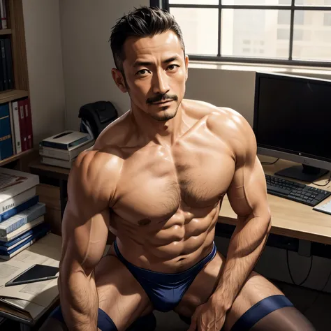 50 years old，Hidetoshi Nakata，（Kogoro Mouri 1.3），Shirtless muscular man，mustache，Eye，Suit，Kneel in the office，black stockings，Blue sexy lingerie