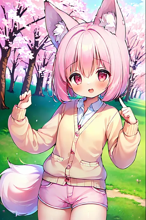 (masterpiece:1.5) (high quality:1.5), (beautiful:1.5), (8K:1.5), (High resolution:1.5), (1 girl:1.5), (pink short hair:1.4), pink short hair:1.4), (Pink fox tail:1.5), (Pink fox tail:1.3), (Pink fox ears), (pink eyes), (short shorts:1.3), (cardigan:1.4), (...