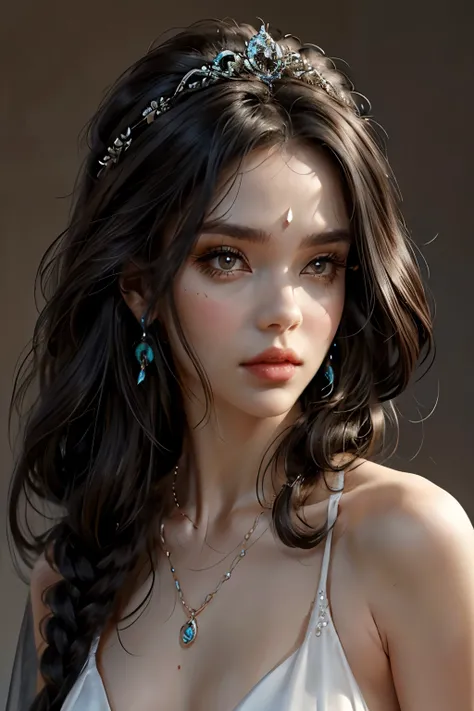 tm, 1girl, solo, long hair, earrings, jewelry, dress, grey background, black hair, tiara, realistic, simple background, blue dress, lips, looking at viewer, see-through, upper body, brown hair, bare shoulders, brown eyes, white dress, collarbone