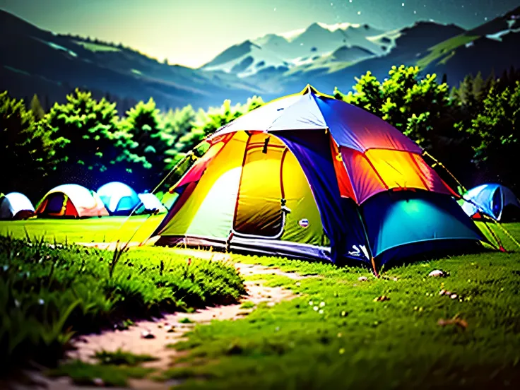 grass，night，Close-up of a large tent、camping，camp site、