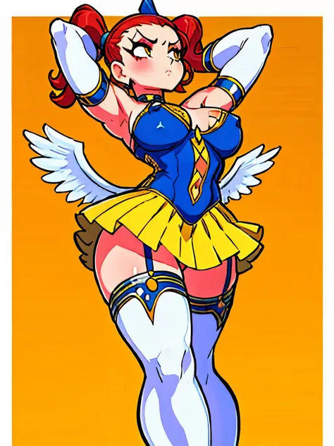 jessica_albert, arms behind head, large breasts, Blue_leotard_Yellow_microskirt_White_elbow_gloves_White_thighhighs_Garter_straps_Bracelet_Feathered_wings_Navel_cutout