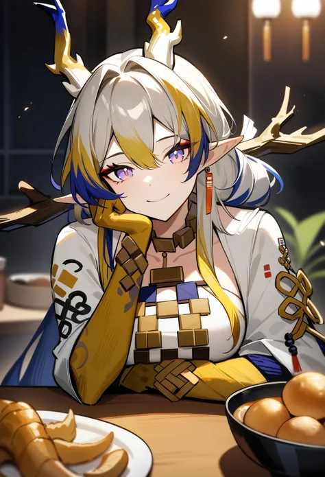 masterpiece, best quality, very aesthetic, absurdres, 1girl, shu(arknights), arknights, looking at viewer, upper body, dragon horns, pointy ears, head rest, closed mouth, smile, food, pov across table