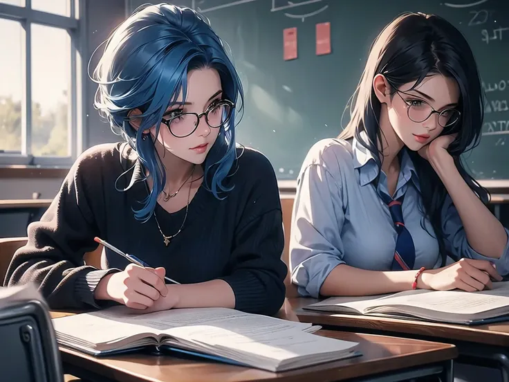 1 woman，blue hair，teacher，teacher，classroom