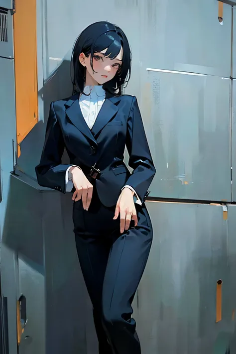 (masterpiece, highest quality), 1 girl, black hair, suit, alone, Waist height, sexy look