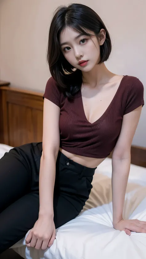 masterpiece:2.0，best quality,  Black medium hair，She is wearing a burgundy loose short-sleeved shirt，low cut，Wear black pants，medium chest，sitting on bed