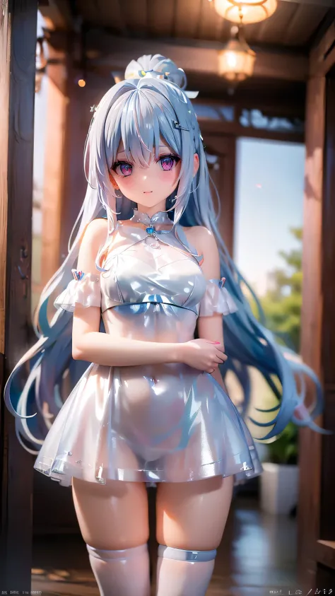 very cute girl、Silver-Blue Hair、Fluffy semi-long hair、Light Pink Eye、big cute eyes、slim body、big breasts、thin arms、slim legs、White body、smile、open your mouth、idol costume、white panties、transparent skirt、vivid background、(10 years old)、