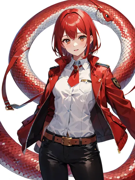 masterpiece, high quality, 1 girl, 22 years old、alone, simple background, (white background:1.1),
  red jacket, black pants,uniform,belt,
medium breasts,white skin、bright red hair、shortcut、uniform、Red snake wrapped around neck、
Are standing, cowboy shot, l...