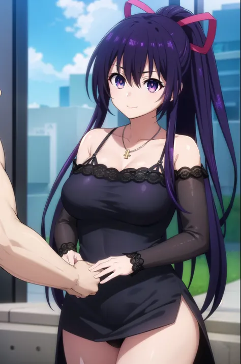 tohkayatogami, tohka yatogami casual, long hair, purple hair, alluringly smile, one piece dress, black dress, cold shoulder, off shoulder, cross neck bra string, lace dress, see through, lace sleeve, long sleeves, necklace, ribbon , (purple eyes:1.1), hair...