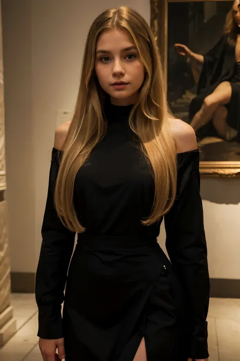 light blonde small face long hair girl wearing black sexy dress in the museum