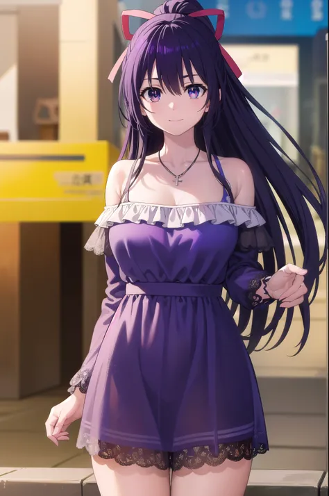 tohkayatogami, tohka yatogami casual, long hair, purple hair, alluringly smile, one piece dress, black dress, cold shoulder, off shoulder, cross neck bra string, lace dress, see through, lace sleeve, long sleeves, necklace, ribbon , (purple eyes:1.1), hair...