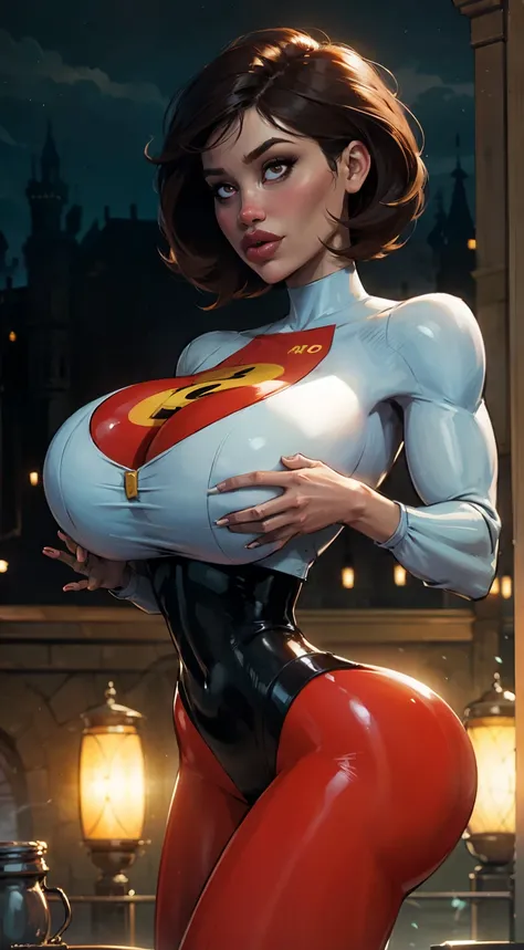 ((Cowboy shot:1.4)) 1 Same Girl , Perfect Beautiful , ((Candy Charms))Face, short Hair , (( woman in Elastigirl suit)) , Athletic Body , ((gigantic breasts:1.2)),  freckles, large lips, beautiful eyes, perfect figure, tiny waist, toned, tanned, thin face, ...