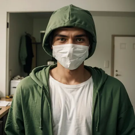 A guy who came from a war who is sad and mad he turned around from the camera he is wearing a green hoodie in a white mask with a smiley face