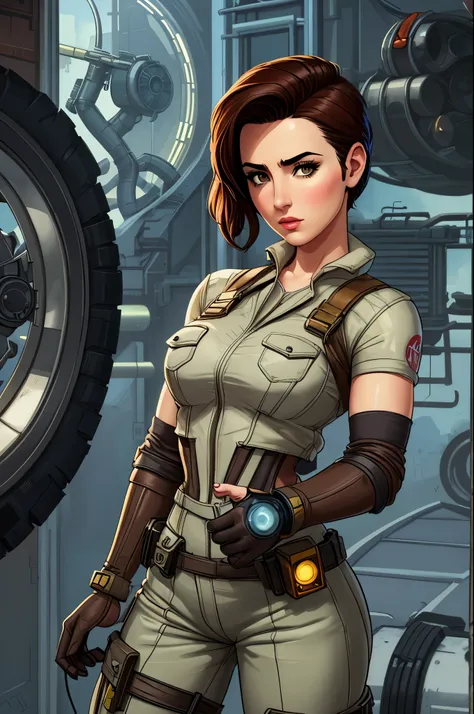 Allison Scagliotti, gorgeous mechanic, atompunk, blank background, retro-futurism
