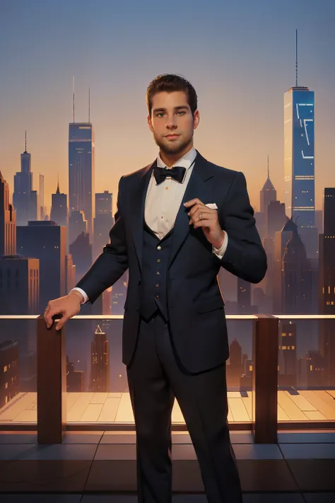 New York, 2014. A young ((((30-year-old)) Hank Mitchell)), tall, sturdy, square jawline, ((short beard)), piercing blue eyes, instrospective. Full body. New York skyline in the background. ((((elegant gala clothings from the 2010s)))), ((chestnut hairstyle...