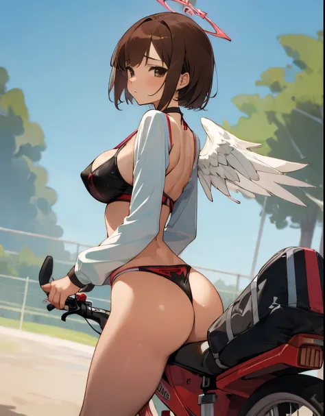 nsfw,(((masterpiece))), 1 girl, alone, looking at the viewer, short hair, brown hair, long sleeve, cleavage, closed mouth, clavicle, Pachinko Bikini, ground vehicle, play sports often, bicycle,(sexual fluid overflowing)、(angle from behind:1.5)、bicycleにまたがっ...