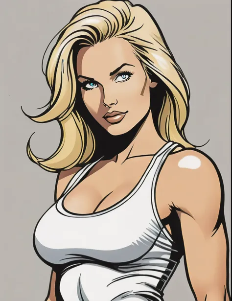 ((pen and ink drawing:1.4)),newspaper comic strip style:1.1) Flat colors, close up, portrait of a blonde surfer girl,  natural beaty, beautiful,white tank top,  casual, large fake breasts, clevage,
[simply grey background]