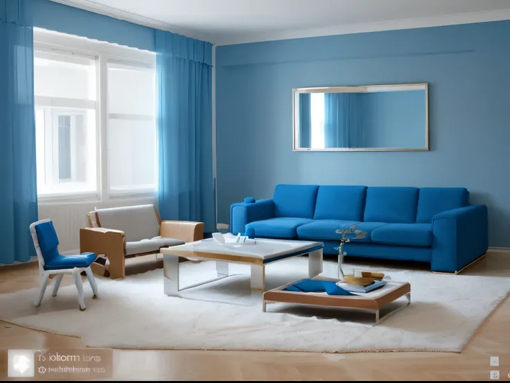 Create a minimalist room where the color blue is very present