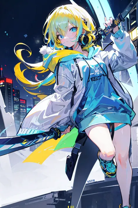 (best image quality), 1 girl, hoodie, hood, 2 2D, anime, night, city, masterpiece, headphone, light blue eye, yellow hair, beautiful eye, rich expressive power, big smile, close ~ eye, have a sword