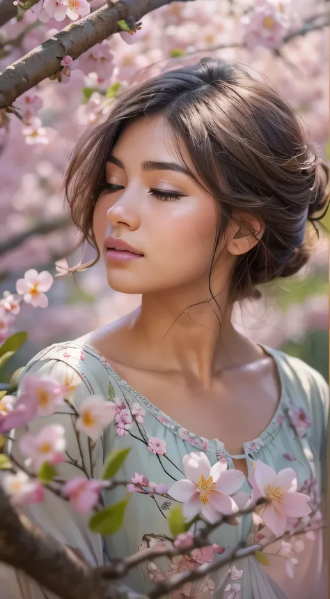 a girl in a garden,sitting under a blooming cherry blossom tree,feeling peaceful and serene,surrounded by vibrant flowers and lush greenery,a gentle breeze rustling her hair and dress,a soft ray of sunlight illuminating her delicate features,creating a pic...