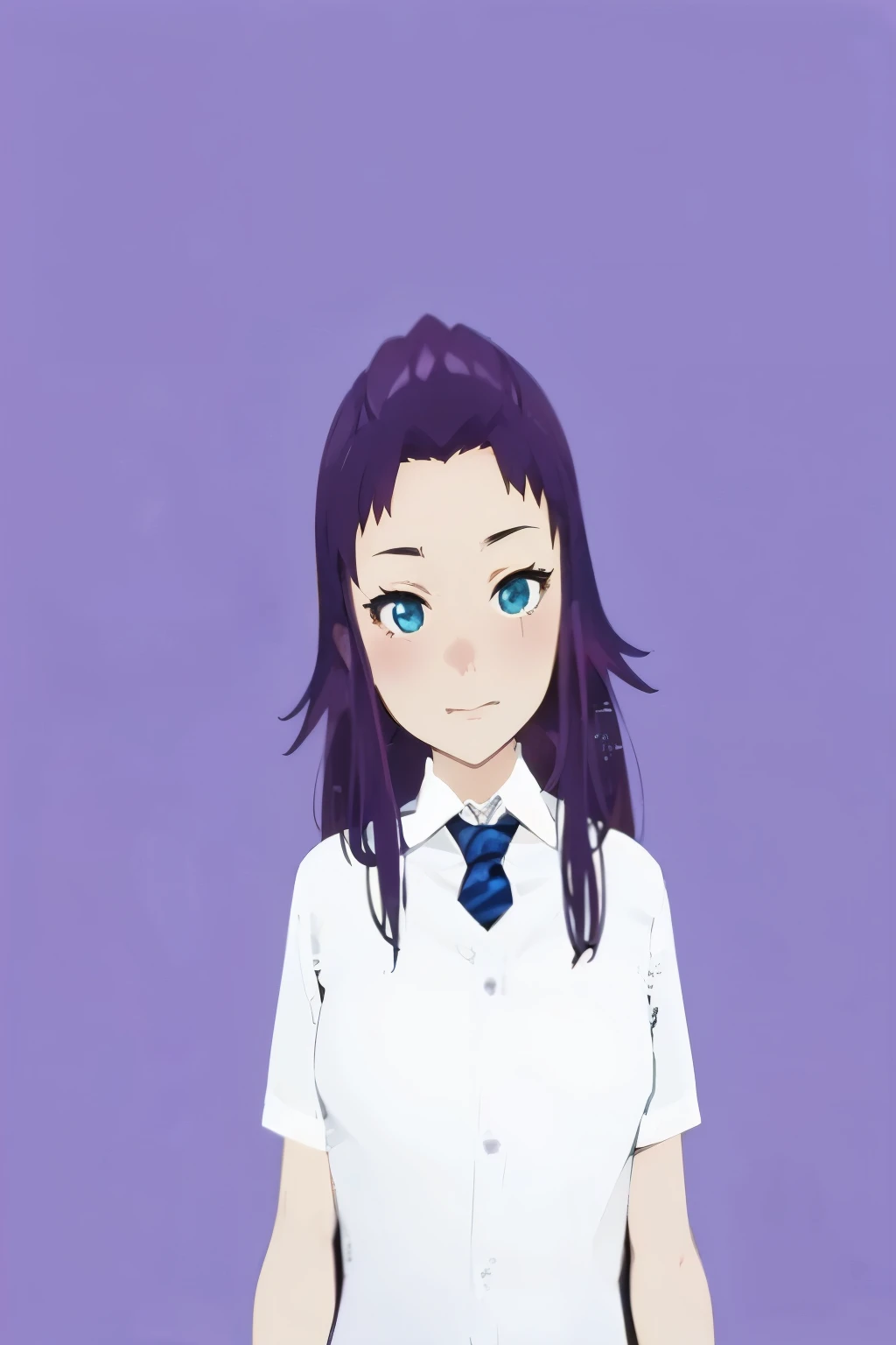 Anime girl with purple hair and white shirt and blue tie, live2d virtual youtuber model, Anime Vtuber Ganzkörpermodell, , als Anime-Charakter, young anime girl, Upper body avatar, an anime girl, hints of yayoi kasuma, Charakter im Anime-Stil, realistic you...