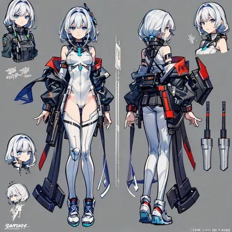 Close-up of a man wearing a gun costume, ((character concept art)), ((character design sheet, same character, front, ~ side, return)) maplestory character art, video game character design, video game character design, maplestory gang girl, Expert high-deta...