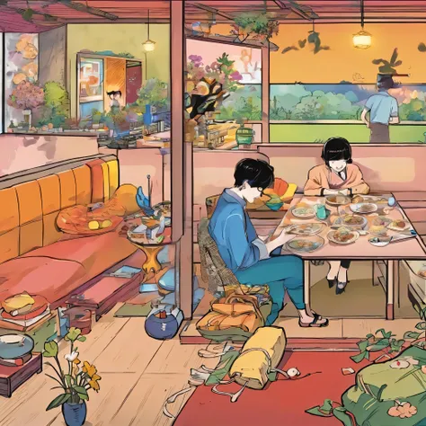 Animation scene of a couple eating in a restaurant, Tatsuro Kiuchi, author：Nobusada Yanagawa, Tatami Galaxy, Japanese cartoon style, james jean and i lost my life, color spread, Studio Ghibli aesthetics, Lo-Fi illustration style, by Lee Jeon Suk, ( ( i los...