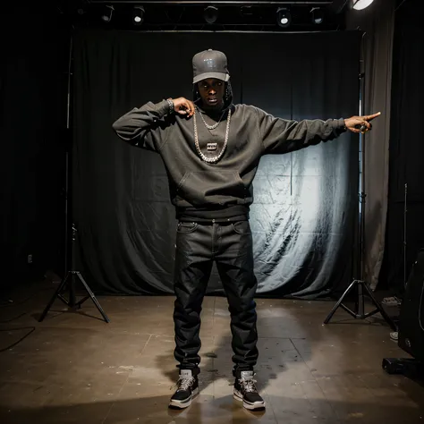 Travis Scott, black hoodie baggy jeans, diamond chain, nice watch, photo studio, photo studio lights