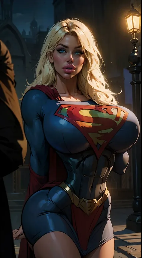 ((cowboy shot:1.4)) 1 same girl , perfect beautiful , ((candy charms))face, long blonde hair , ((  supergirl  suite)) , athletic...