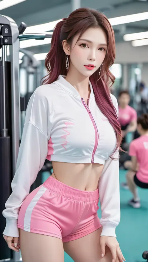 (masterpiece, best quality:1.2),1 girl, alone,Exquisite hair color,Eyes are very delicate,( Wearing pink and white sexy shorts and tracksuit:1.2),too big,glowing skin,earrings(((excited expression)))blush,in the gym,Perfect body,pink lips