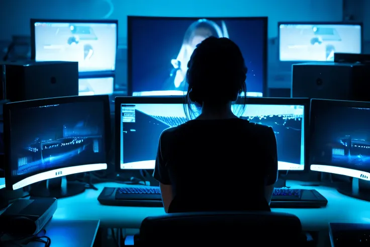 Image of a dark, blue room with about 100 monitors　Rear view of a woman looking at a monitor　The inside of the monitor is watching the room. With a wide angle of view