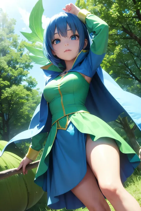 super hero girl, blue hair, green costume, power of leaf and tree, forest, cape, 3D, powerfull