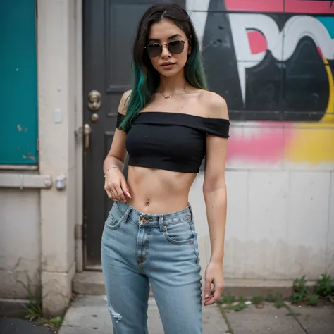 1girls, Nur, green Hair , 24 years old , She has slipped into a trendy off-the-shoulder crop top paired with high-waisted mom jeans and chunky sneakers. Completing the look with retro sunglasses and a mini backpack, she poses against colorful street art, s...