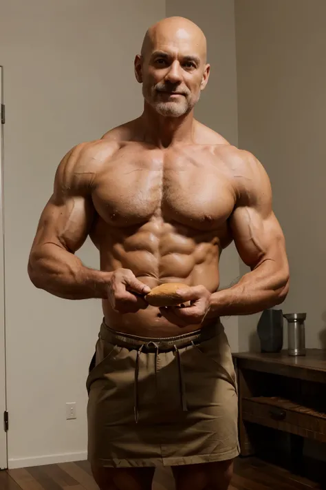 54 old year ripped muscular bald and long bread guy showing muscules and veins in his hands