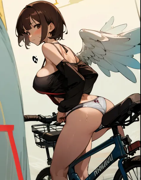 nsfw,(((masterpiece))), 1 girl, alone, looking at the viewer, short hair, brown hair, long sleeve, cleavage, closed mouth, clavicle, T-back、bikini, ground vehicle, play sports often, bicycle,(sexual fluid overflowing)、(angle from behind:1.5)、bicycleにまたがってい...