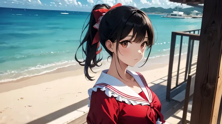 A beautiful girl wearing a red sailor dress with lots of frills and lace.　black hair　A big ribbon in a ponytail