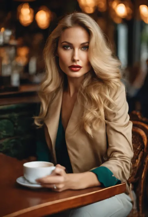 Jolie femme in a café sitting on a table blonde and cheveux longs