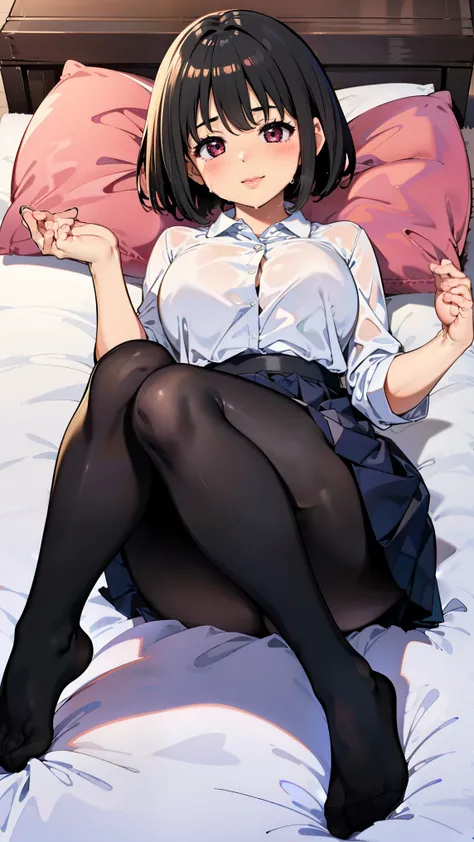 (1 girl), black hair、high school girl、長いblack hair, big lips, anime, beautiful lips,, ((highest quality)), on the bed、soft shading, High resolution, sexy pov, big lips, big lips,x ornament, ornament, duck face, Lip Focus, glossy lips、sweaty、white shirt、ski...