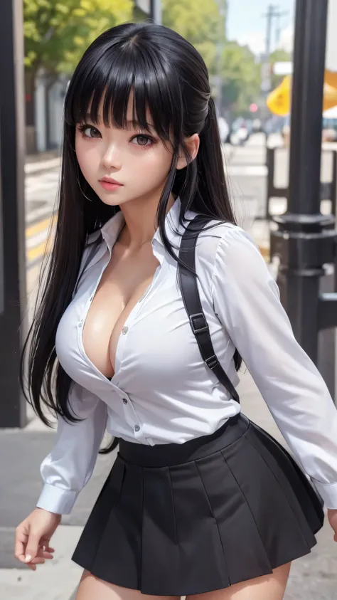 ((highest quality)), ((8k), (detailed face), (highlight), girl、cleavage、Asian、bangs、black hair、skirt、combat uniform、white、