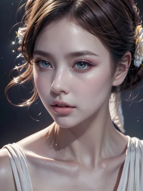 detailed skin, delicate features, vibrant colors, soft lighting, digital painting, realistic portrait, high resolution, vivid eyes, flawless complexion, glowing cheeks, lustrous hair, graceful pose, enchanting expression, atmospheric background, ethereal b...